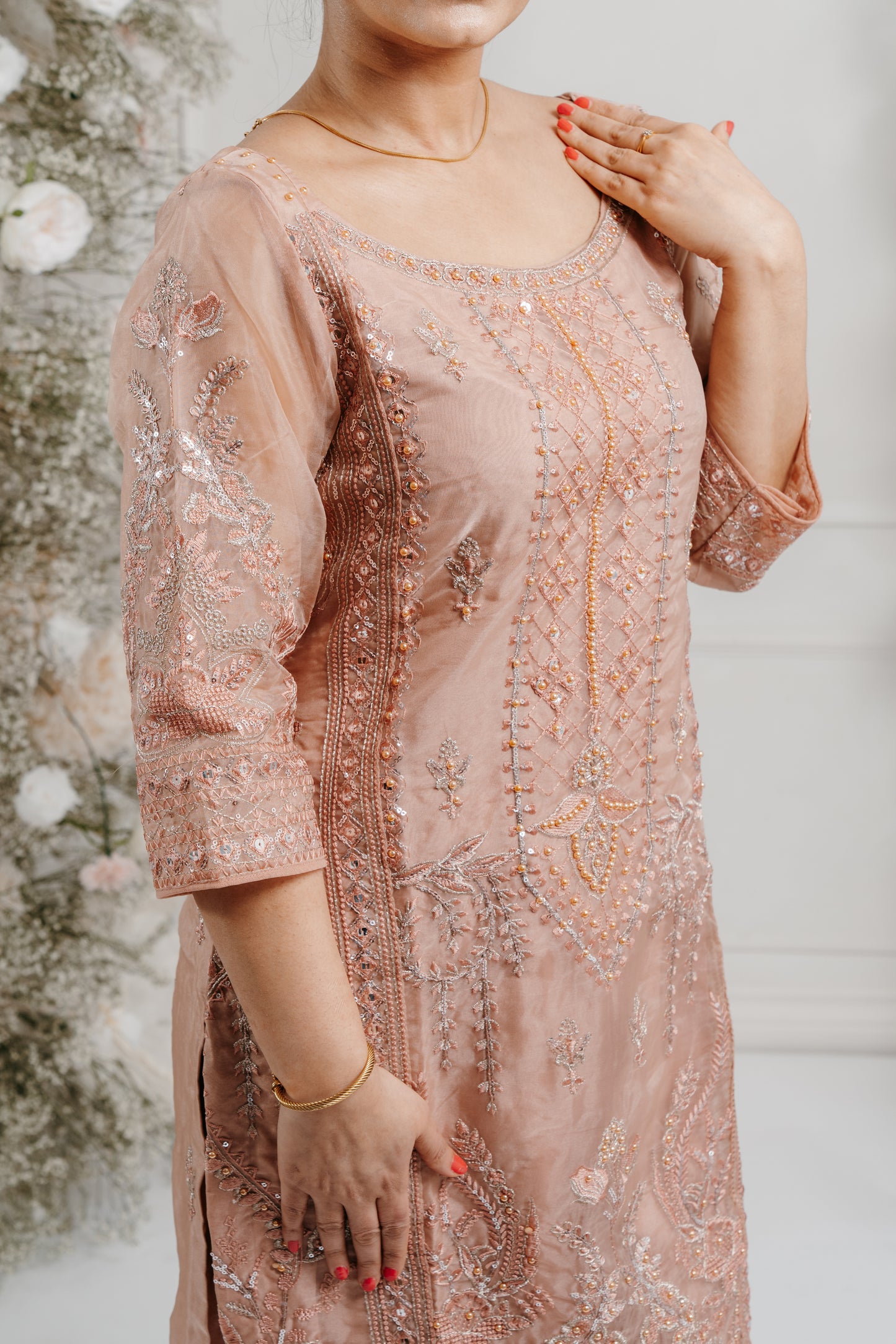 Peach Embroidered Sharara/Pant Suit