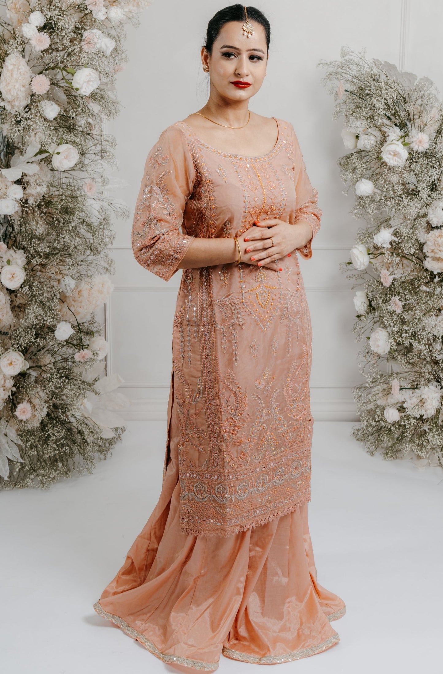 Peach Embroidered Sharara/Pant Suit