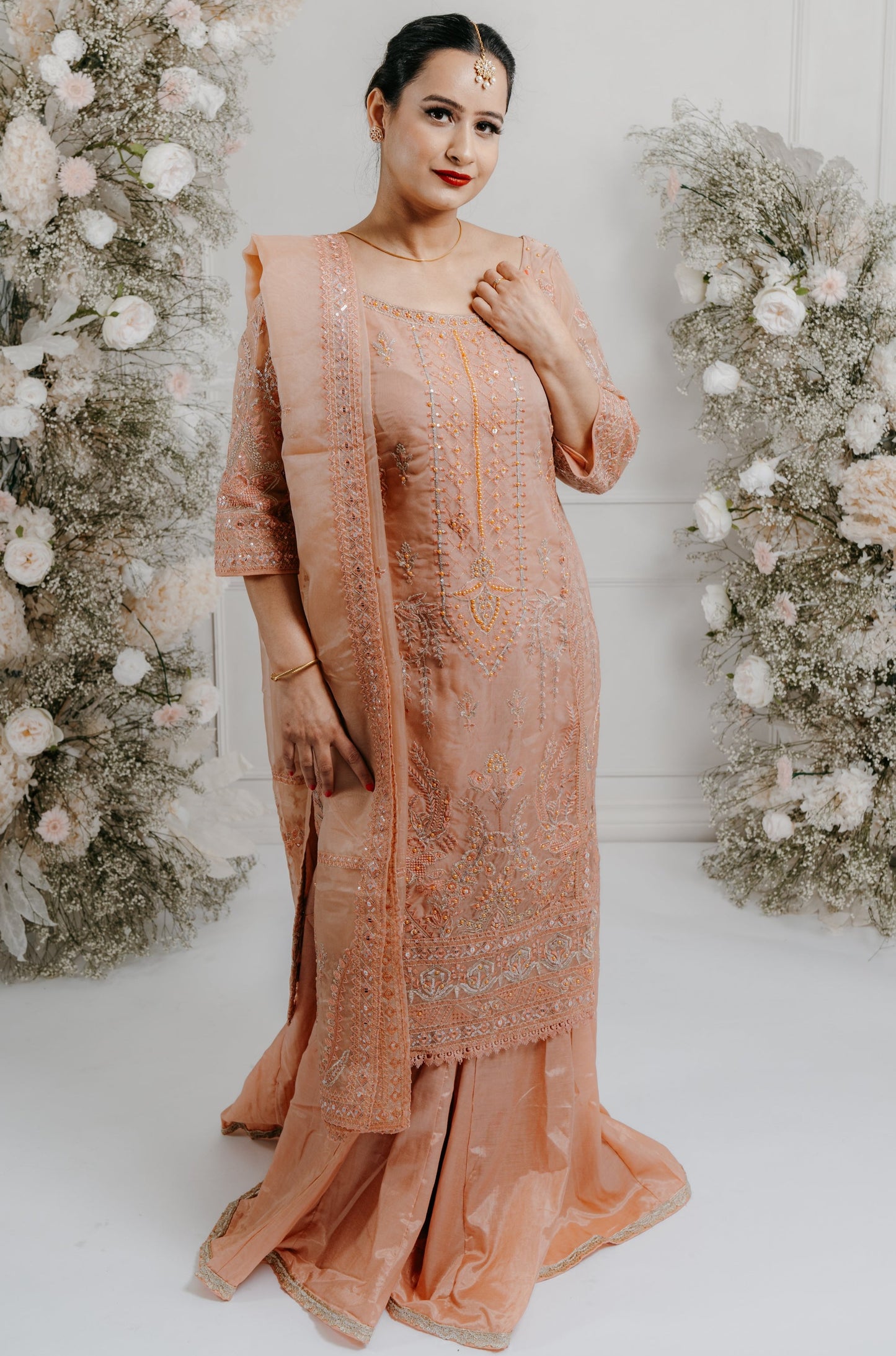 Peach Embroidered Sharara/Pant Suit