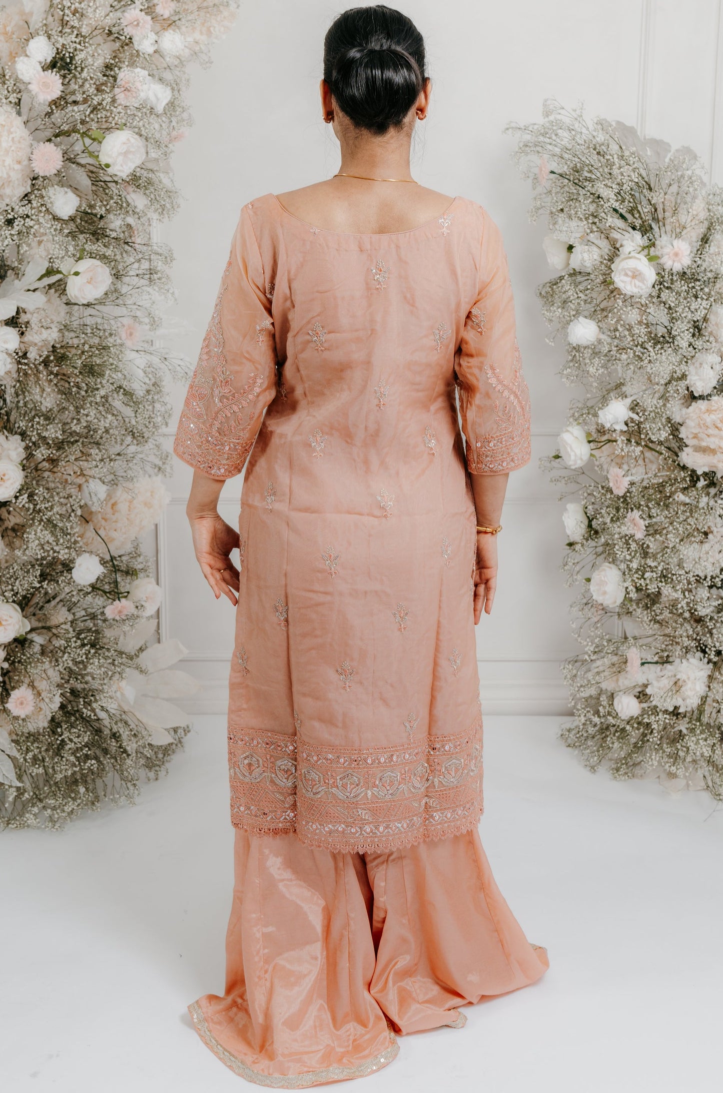 Peach Embroidered Sharara/Pant Suit