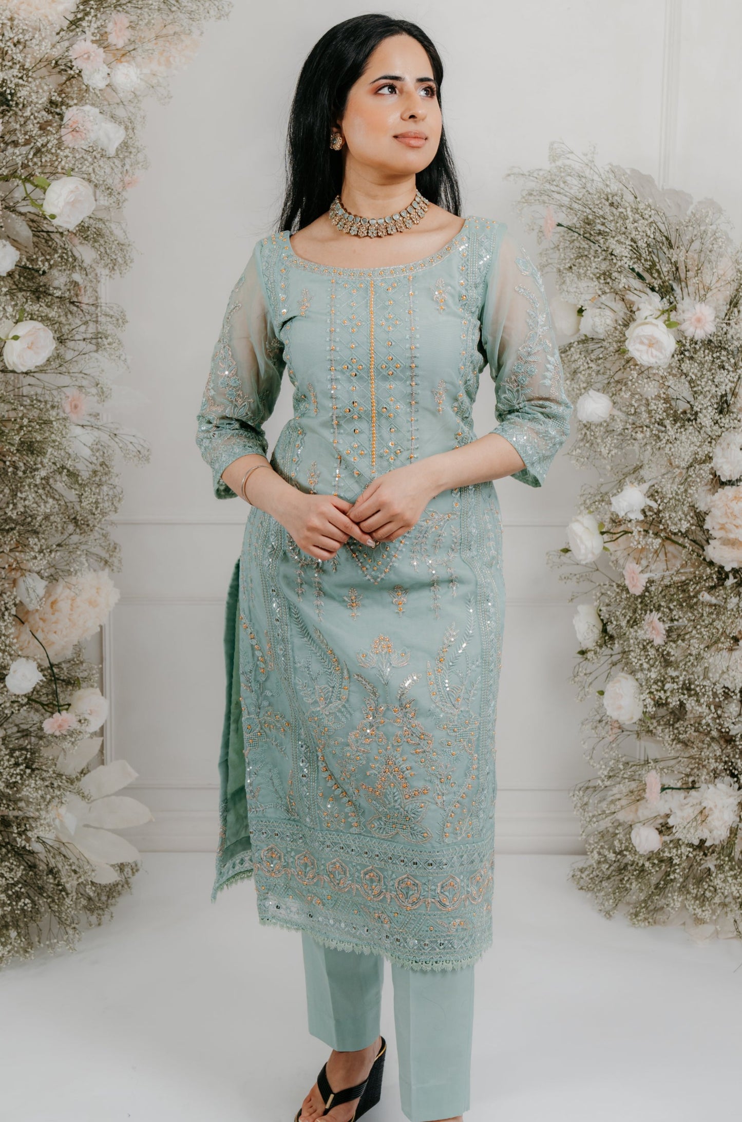 Light Teal Blue Embroidered Sharara/Pant Suit