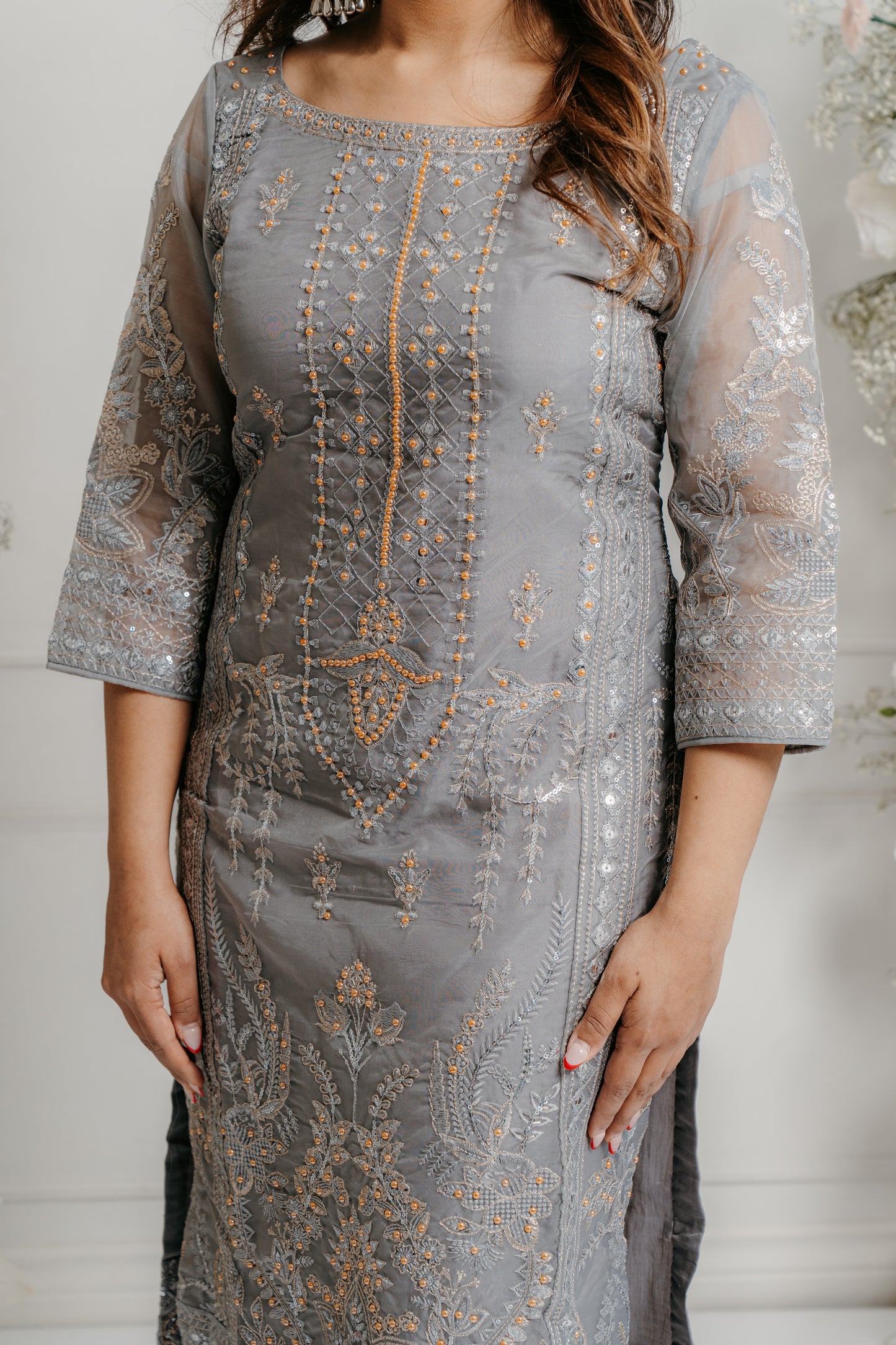 Grey Embroidered Sharara/Pant Suit