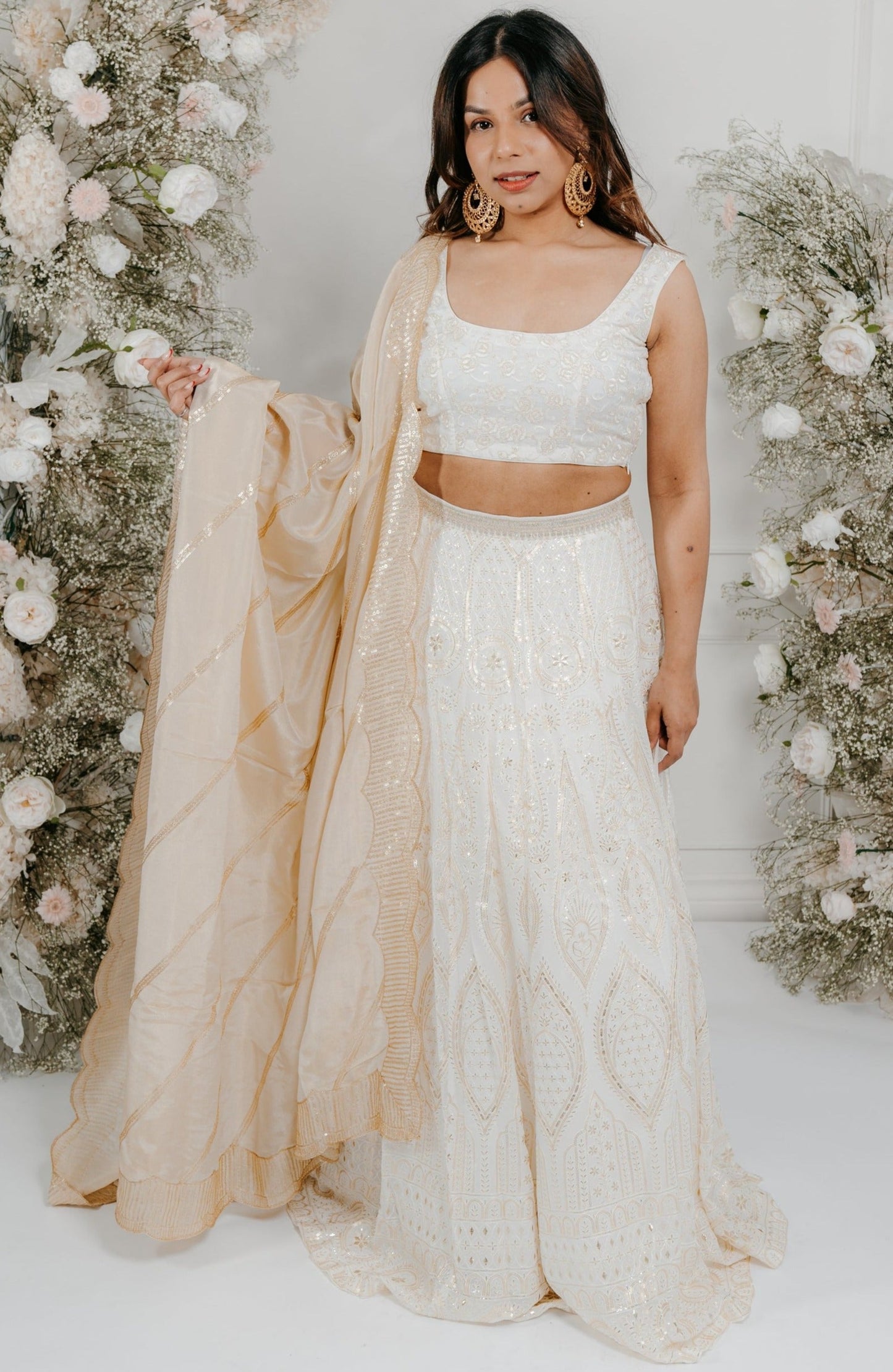 White & Gold Embroidered Georgette Organza Lehenga