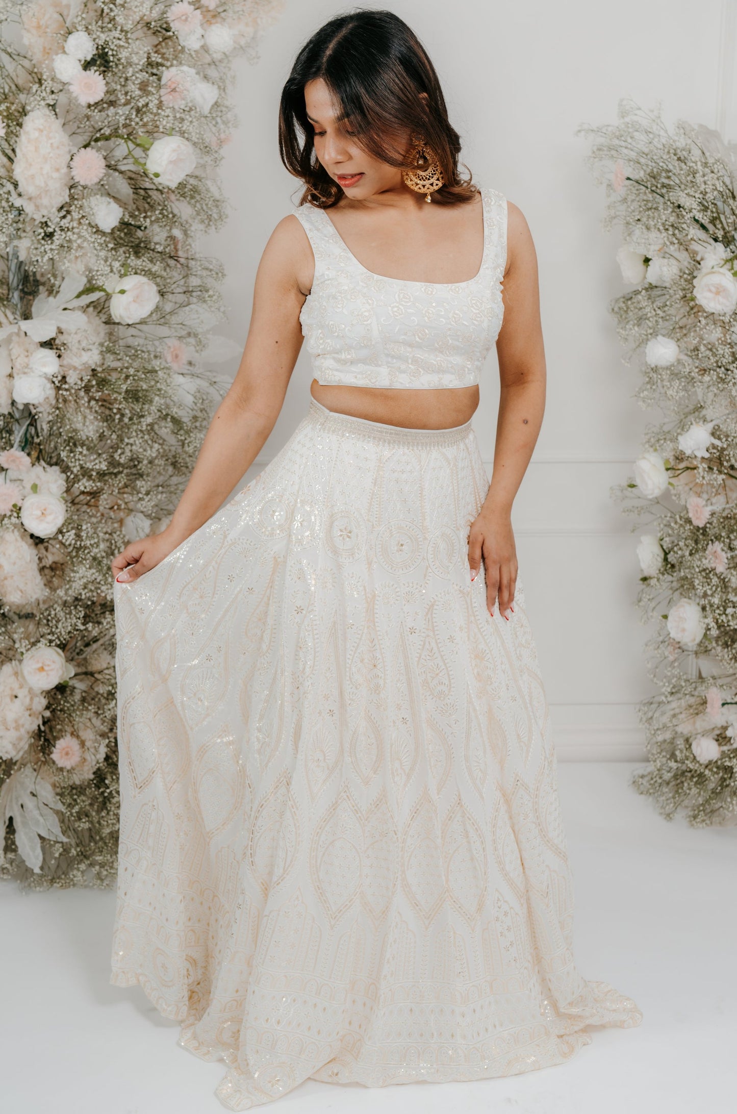 White & Gold Embroidered Georgette Organza Lehenga