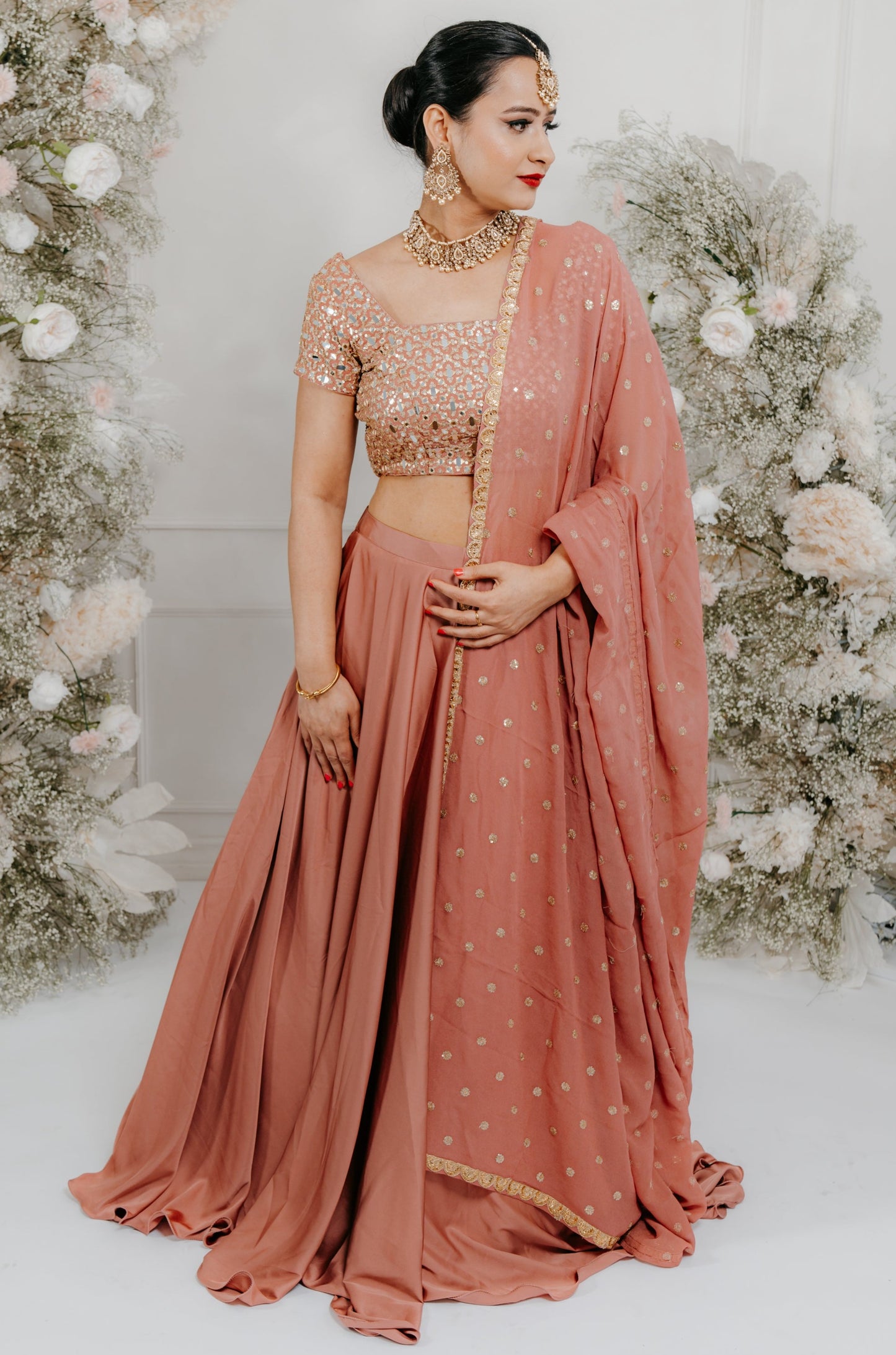 Mauve Pink Mirror Embroidered Lehenga