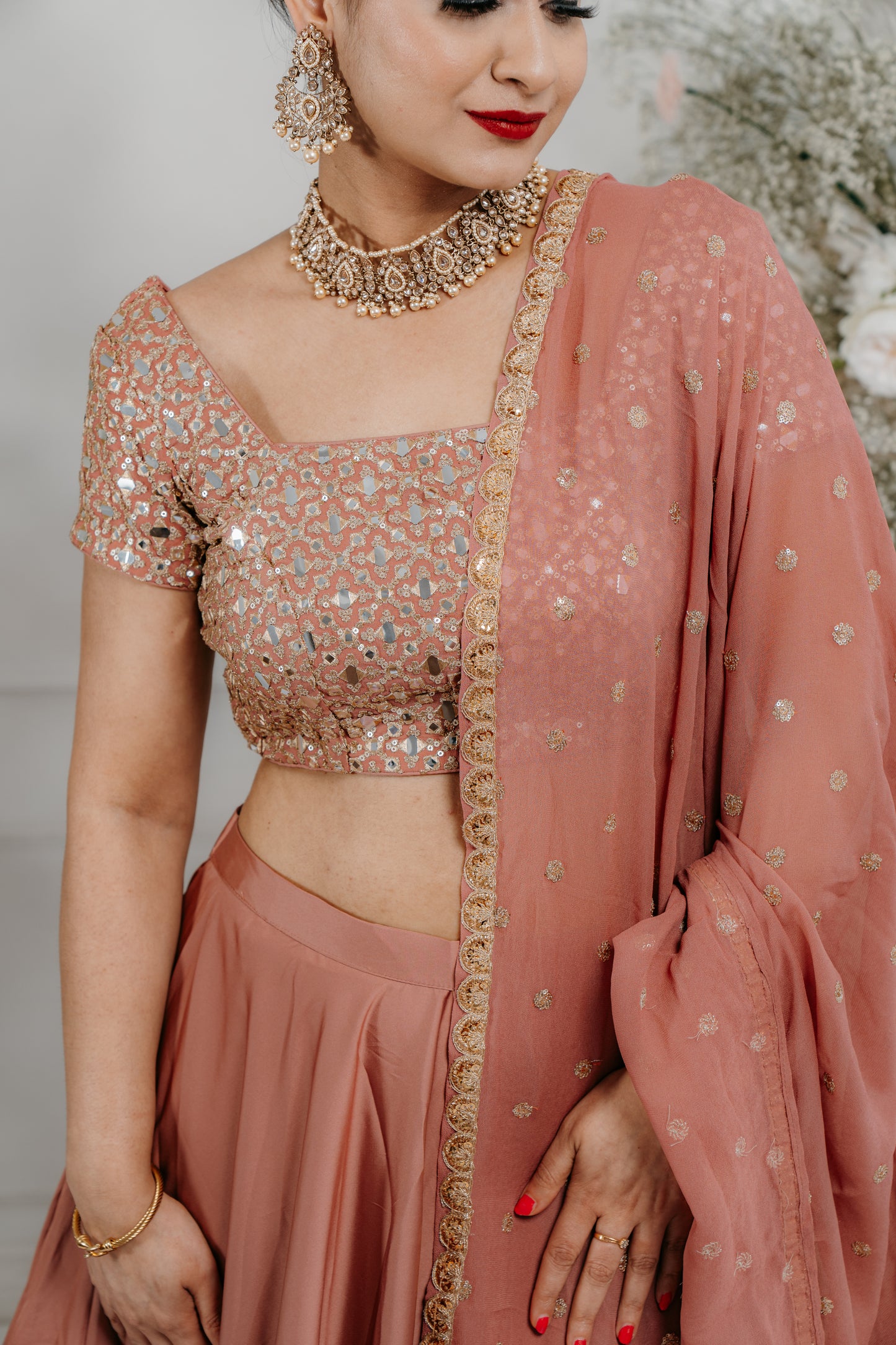 Mauve Pink Mirror Embroidered Lehenga