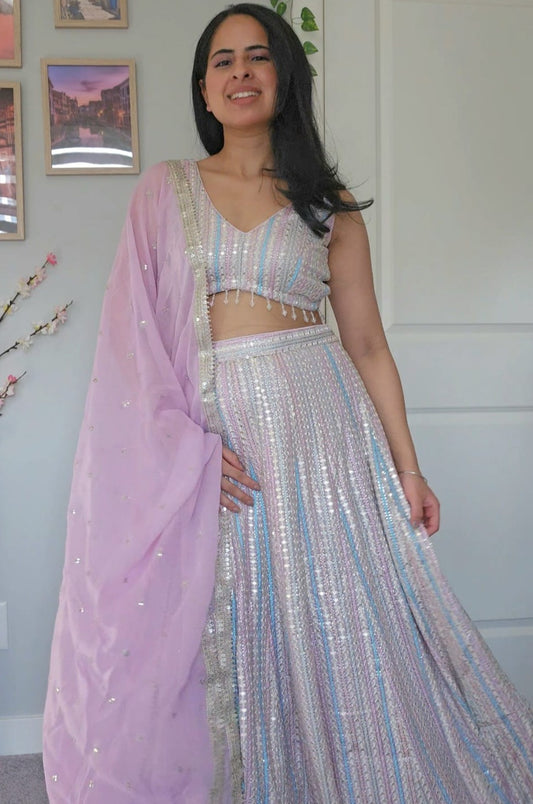 Lilac Multicolor Sequins Embroidered Lehenga