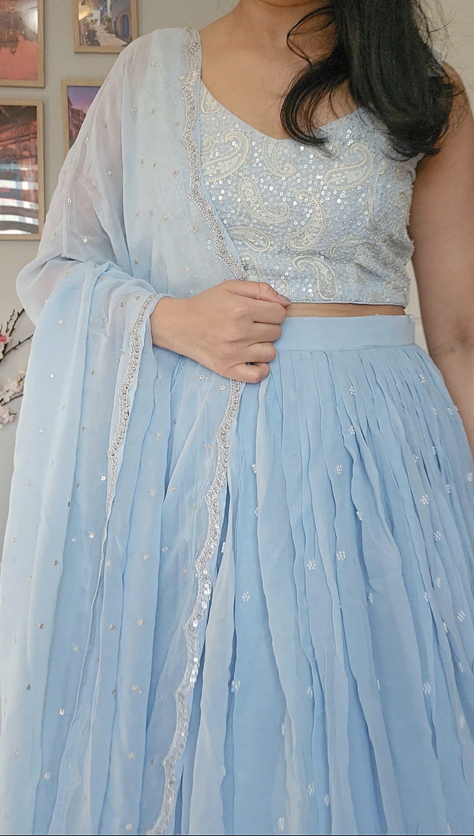 Pastel Blue Embroidered Georgette Lehenga