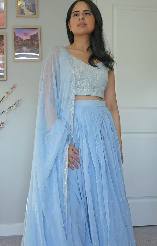 Pastel Blue Embroidered Georgette Lehenga