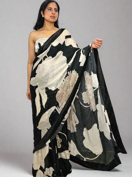 Black & Ivory Floral Embroidered Chiffon Saree