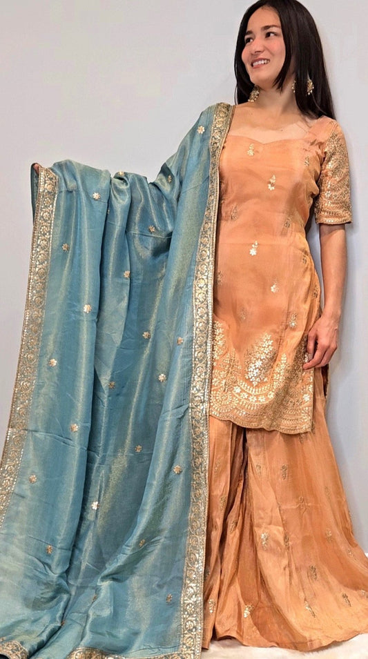 Peach & Teal Embroidered Sharara Set with Gold Detailing