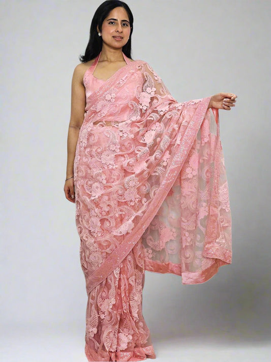 Blush Pink Floral Net Embroidered Saree